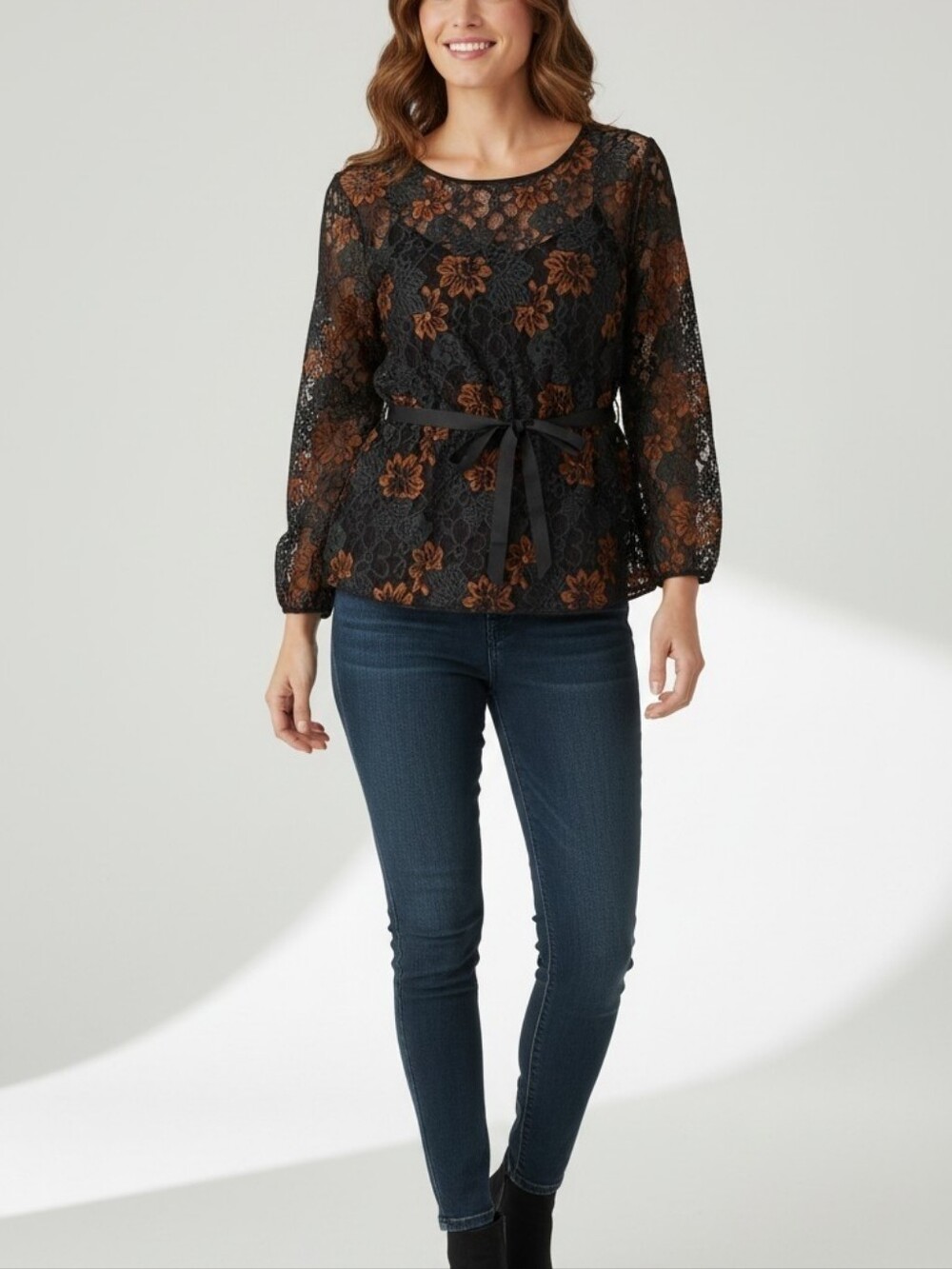 Allegra K Black And Green Lace with Brown Floral Embroidery